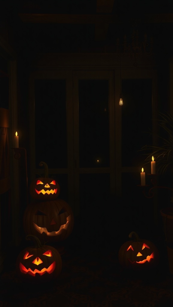 A dimly lit room featuring glowing jack-o'-lanterns and candles, creating a spooky Halloween atmosphere.