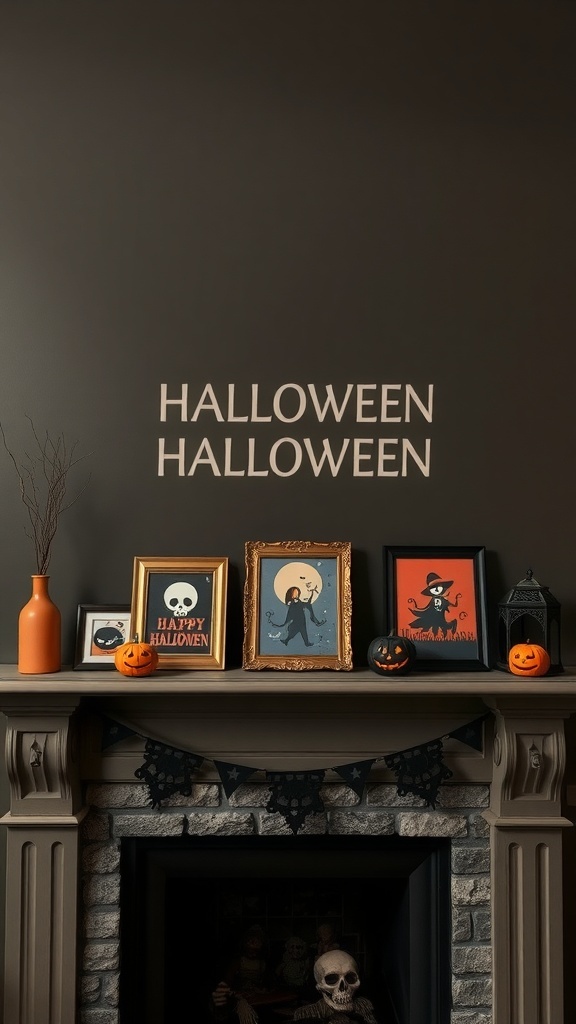 Halloween mantle decorated with spooky photo frames and pumpkins