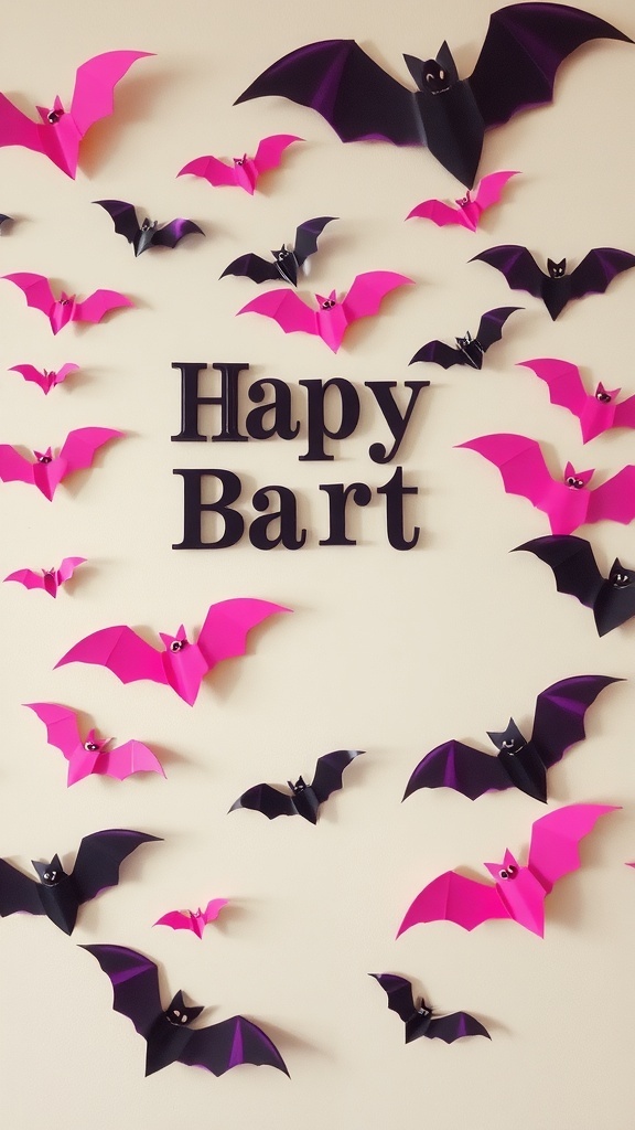 Colorful paper bats in pink and black arranged on a wall with the text 'Happy Bart'