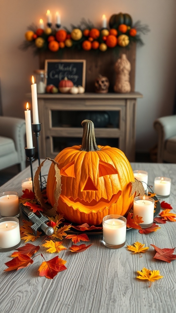 A carved pumpkin centerpiece surrounded by candles and autumn leaves in a cozy living room.