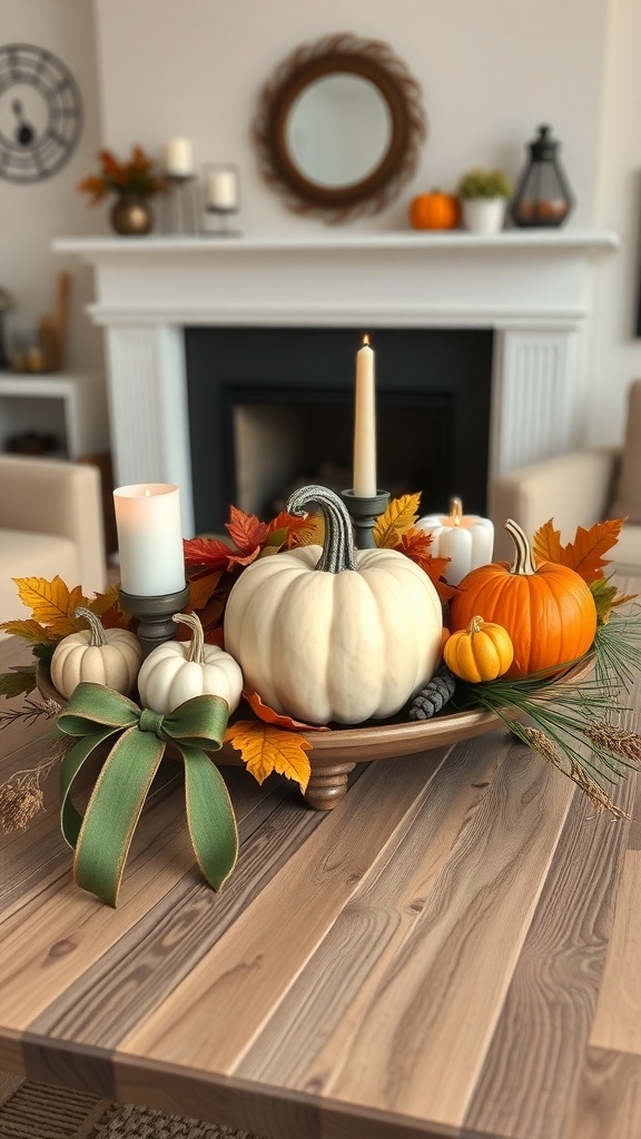 A cozy Halloween pumpkin centerpiece with white and orange pumpkins, autumn leaves, and a candle on a wooden table.
