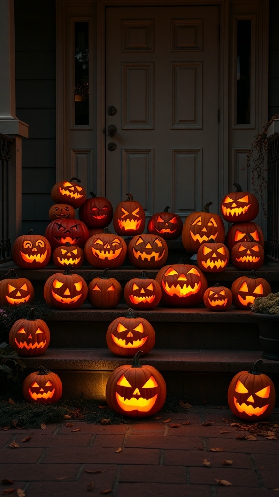 A porch decorated with numerous carved pumpkins, each glowing with candlelight, creating a spooky atmosphere.