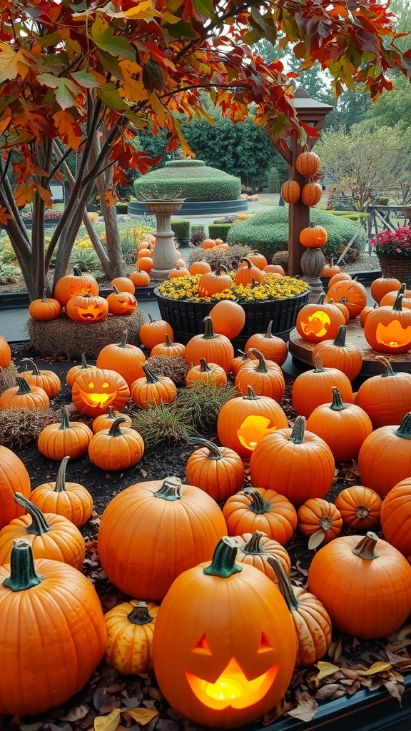 A garden filled with various pumpkins, including carved jack-o'-lanterns, surrounded by autumn leaves and flowers.