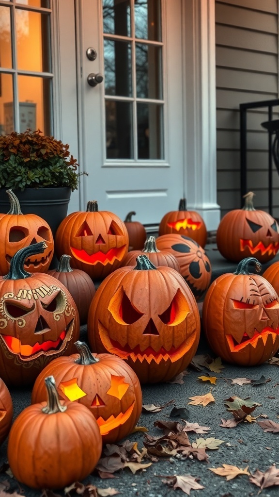 A collection of carved pumpkins with various expressions on a front porch, glowing warmly against autumn leaves.