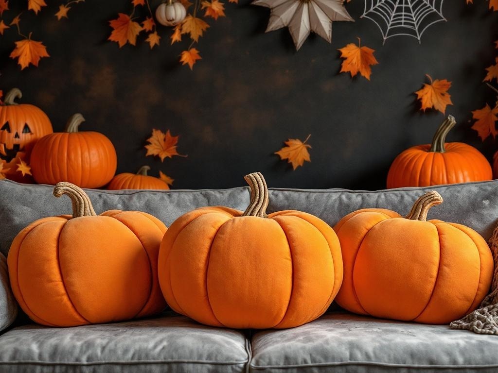 Three orange pumpkin-shaped pillows on a gray couch with decorative pumpkins and autumn leaves in the background.