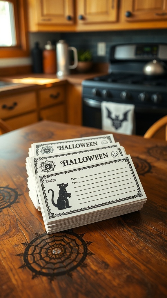 A stack of Halloween-themed recipe cards on a wooden table, featuring playful designs and space for writing ingredients and steps.
