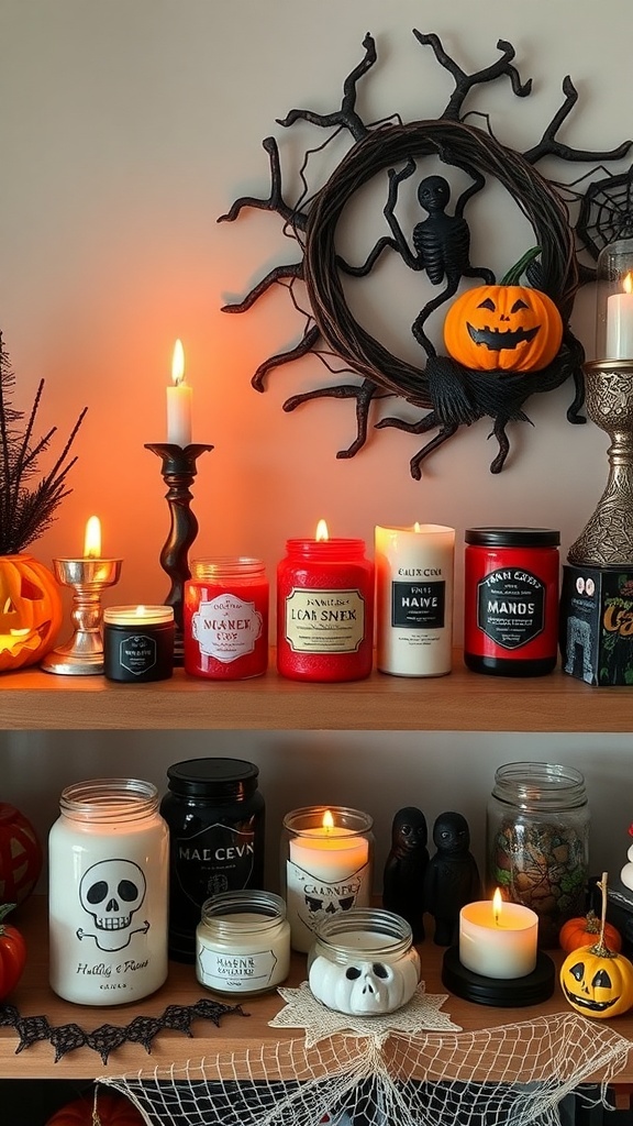 A collection of spooky scented candles arranged on a shelf with Halloween decorations.