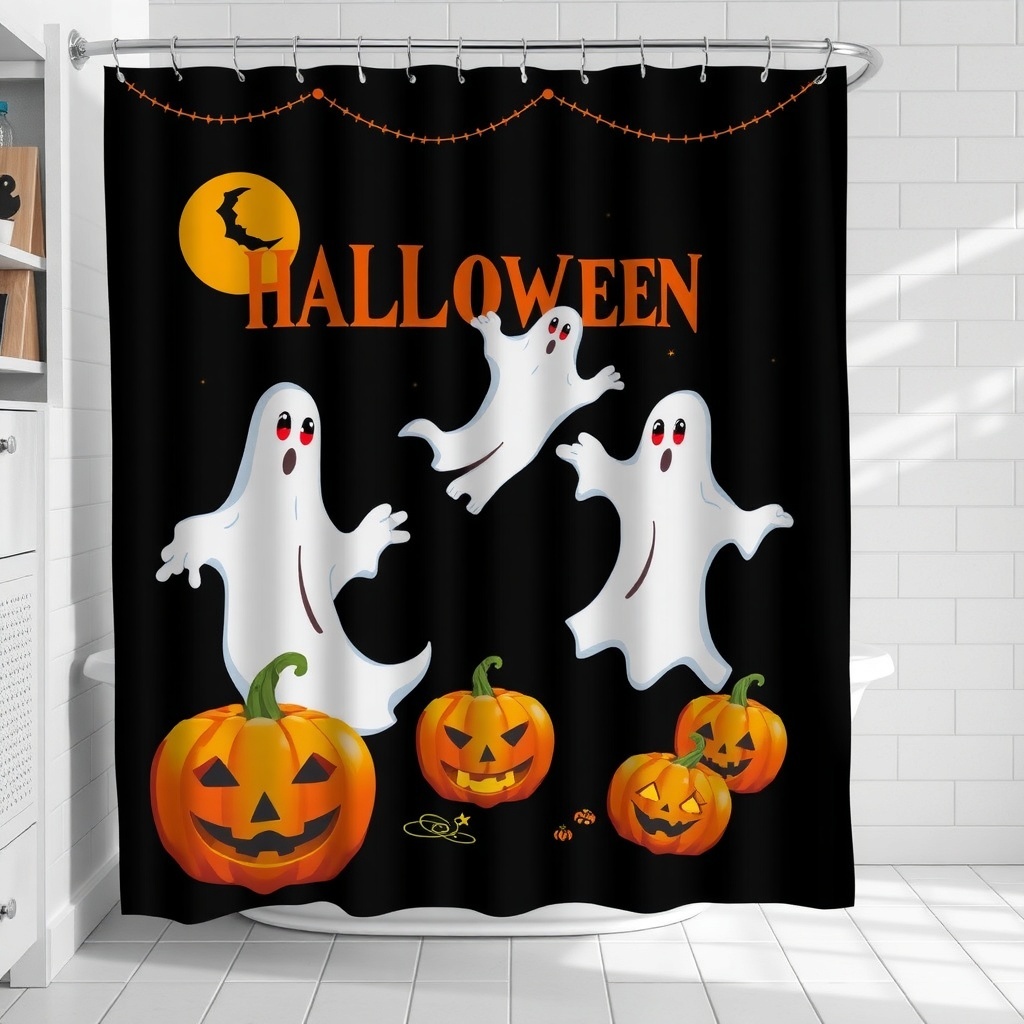 A Halloween-themed shower curtain featuring playful ghosts and smiling pumpkins on a black background.
