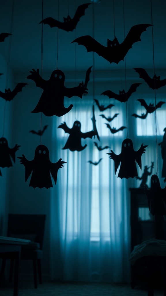Hanging black silhouette cutouts of ghosts and bats in a dimly lit room