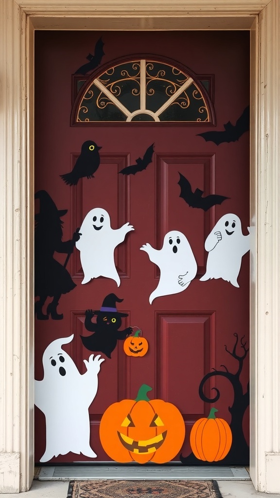 A Halloween decorated door featuring white ghost cutouts, bats, a pumpkin, and a witch silhouette.