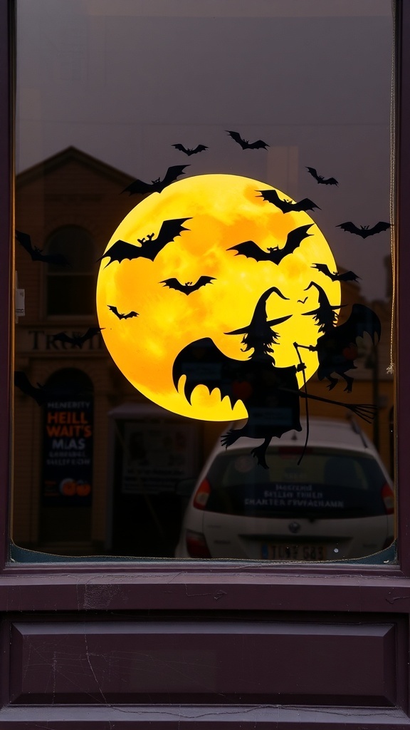 A Halloween window display featuring a full moon, bats, and a witch silhouette.