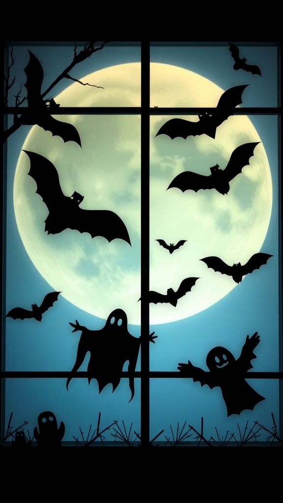 Spooky silhouettes of bats and ghosts on a window with a full moon in the background