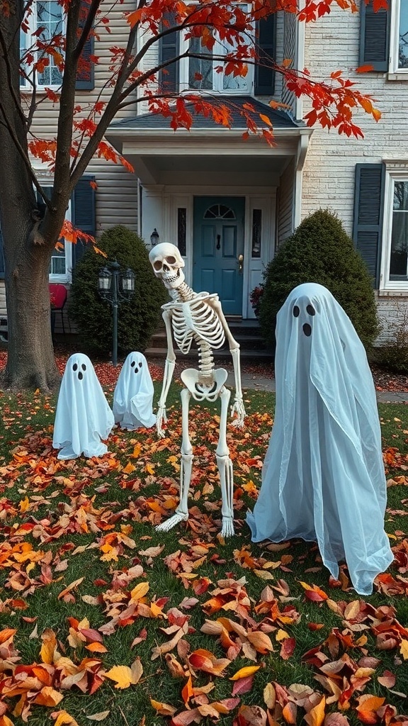 A cheerful skeleton and playful ghost figures in a front yard surrounded by autumn leaves.