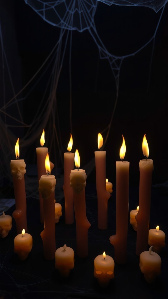 A collection of spooky skull candles with flickering flames, surrounded by cobwebs.
