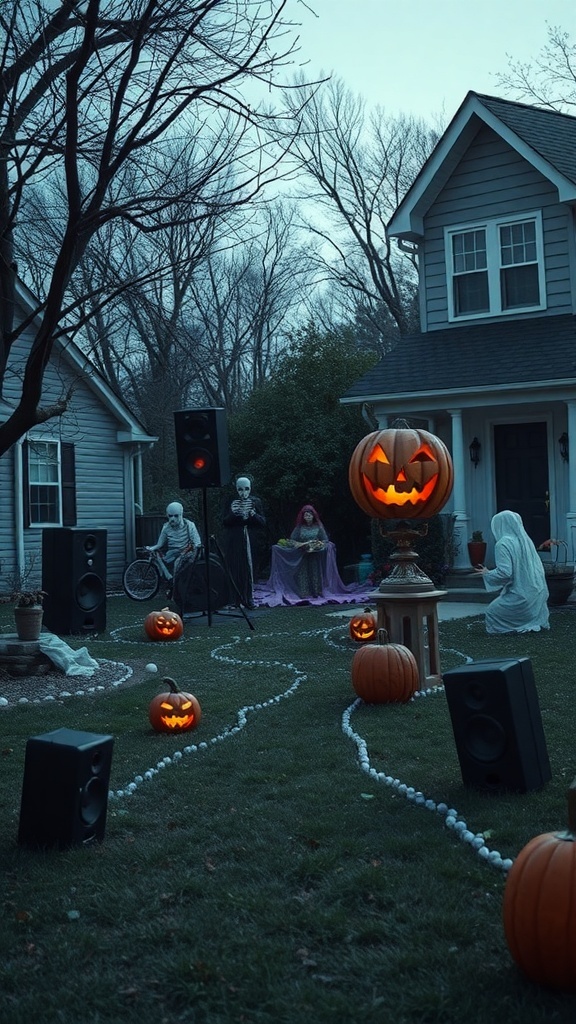 A Halloween decorated front yard with pumpkins, skeletons, and speakers for sound effects.
