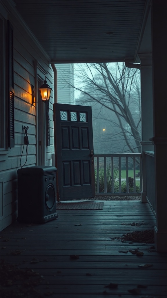A spooky Halloween porch with a slightly open door and a glowing lantern.