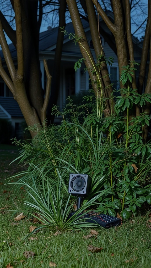 A speaker hidden among plants in a yard, ready to play spooky sound effects for Halloween.