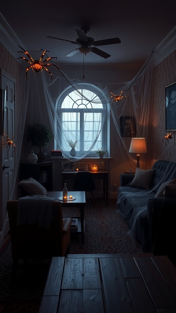 A cozy living room decorated with spider webs and spooky spider accents for Halloween.