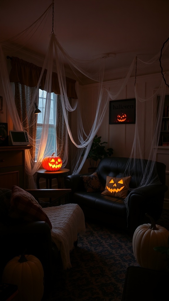 A cozy Halloween-themed room with spider web decorations, glowing jack-o'-lanterns, and scattered pumpkins.