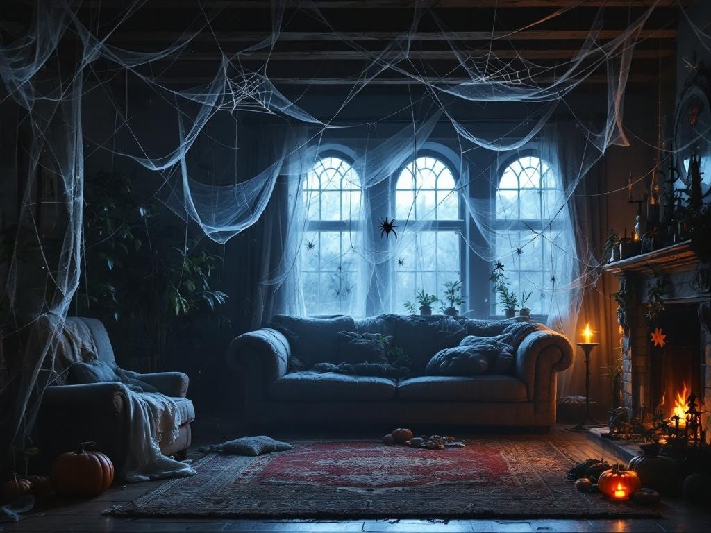 A cozy living room decorated with spider webs, pumpkins, and candlelight for Halloween.