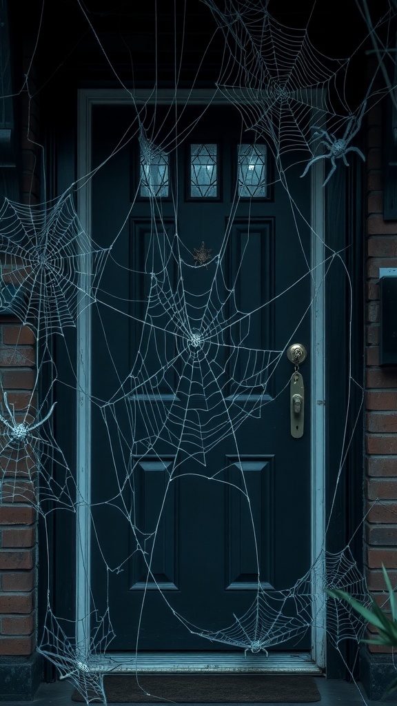 A dark door covered in spider webs and plastic spiders for Halloween decoration.