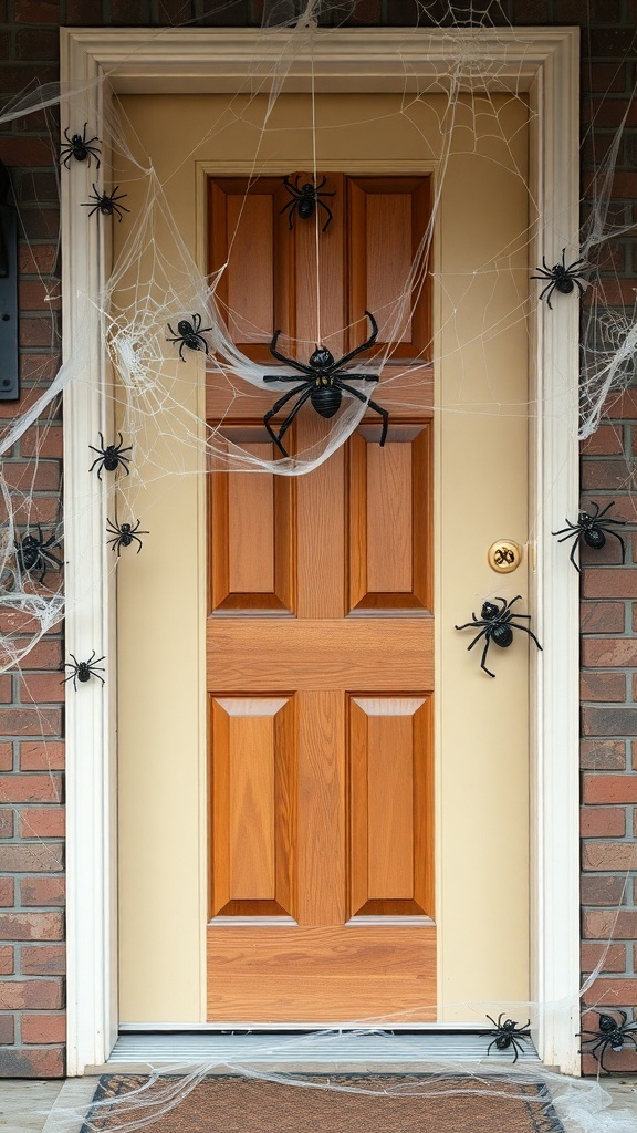 A front door decorated with spider webs and plastic spiders for Halloween.