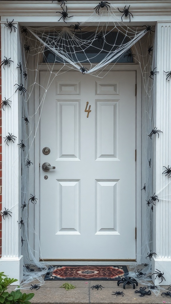 A front door decorated with spider webs and plastic spiders for Halloween.