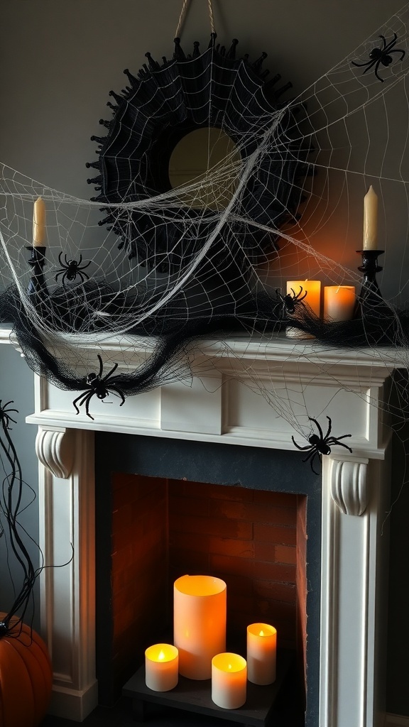 A spooky spider web garland draped over a fireplace with candles and a pumpkin.