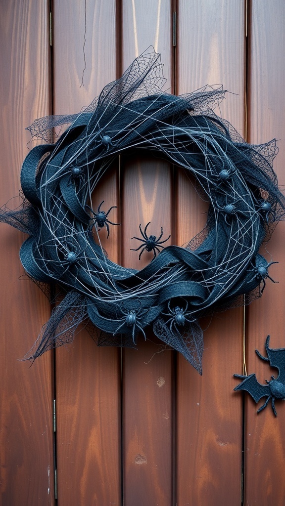 A spooky spider web wreath made of black mesh and ribbon, decorated with small plastic spiders, hanging on a wooden door.