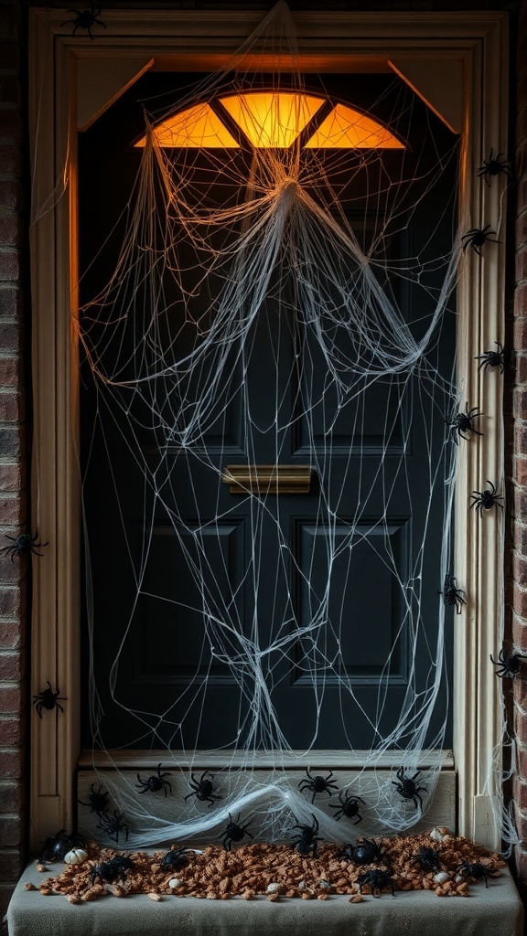 A Halloween door decorated with spider webs and plastic spiders, creating a spooky atmosphere.