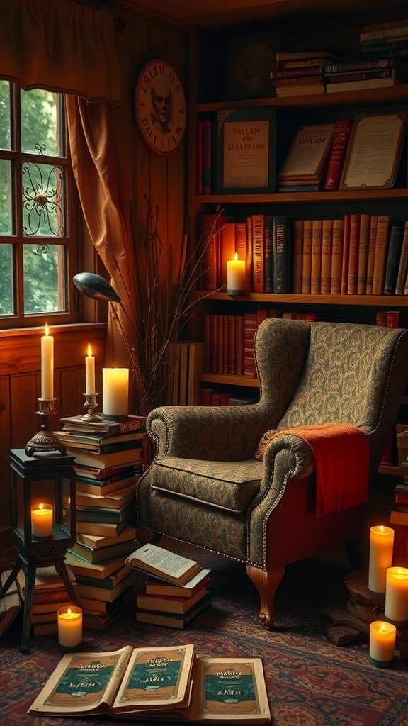 A cozy reading nook with candles, books, and an armchair, perfect for storytelling.