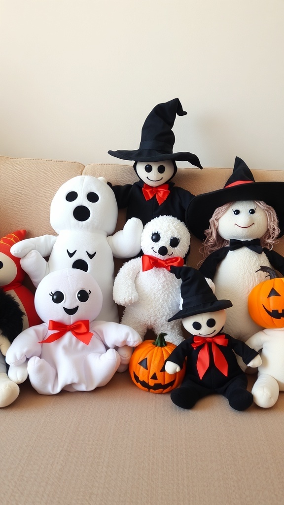 A collection of spooky stuffed creatures for Halloween decoration, including ghosts, a witch, and a skeleton.
