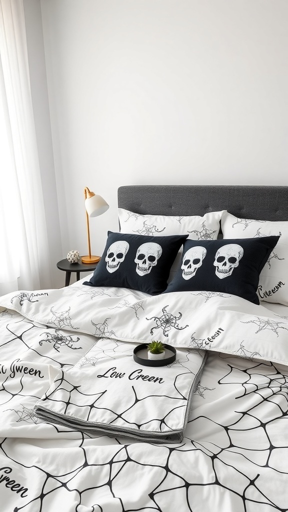 A cozy bedroom with spooky-themed bedding featuring skull pillows and a web-like pattern.