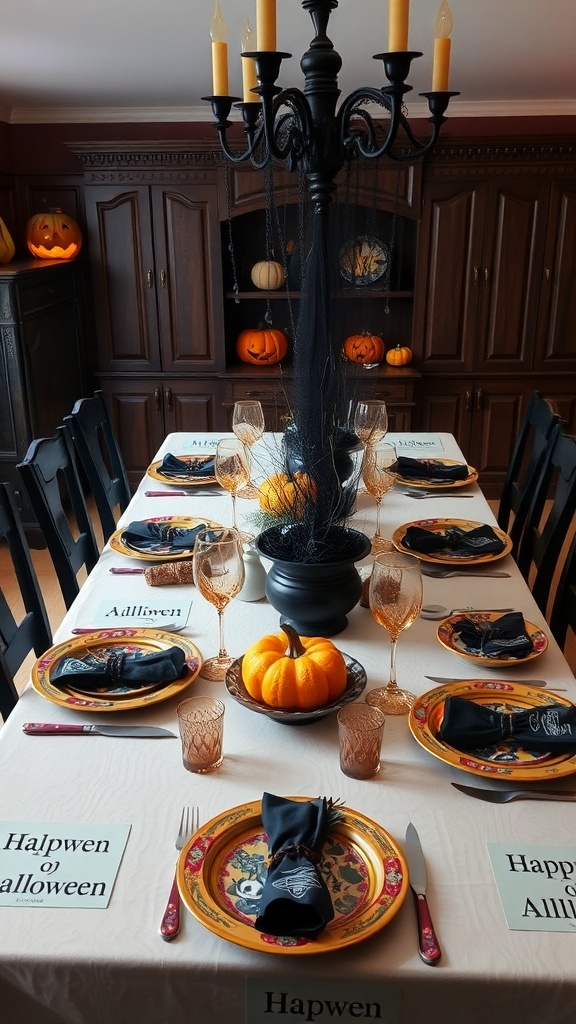 A Halloween-themed table setting with pumpkins, black decor, and themed labels.
