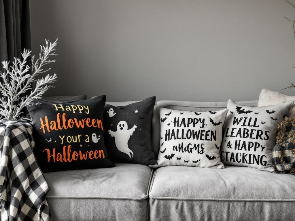 A cozy couch with spooky themed throw pillows for Halloween, featuring ghosts and bats.