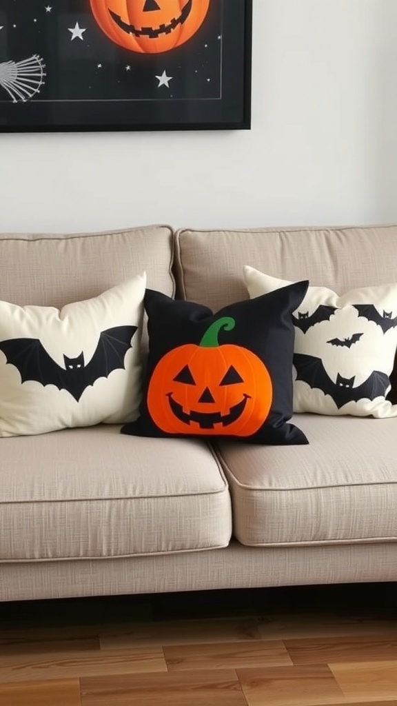A cozy couch with Halloween-themed throw pillows featuring a pumpkin and bats.