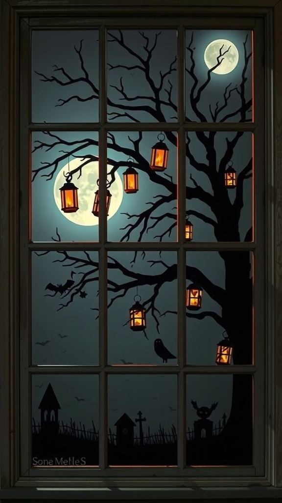 A spooky tree with hanging lanterns in a Halloween window display, featuring a moonlit background and bats.