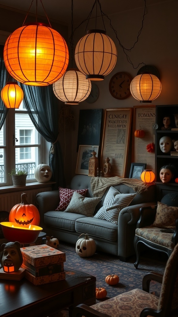 A cozy room decorated for Halloween with lanterns, pumpkins, and vintage decor.
