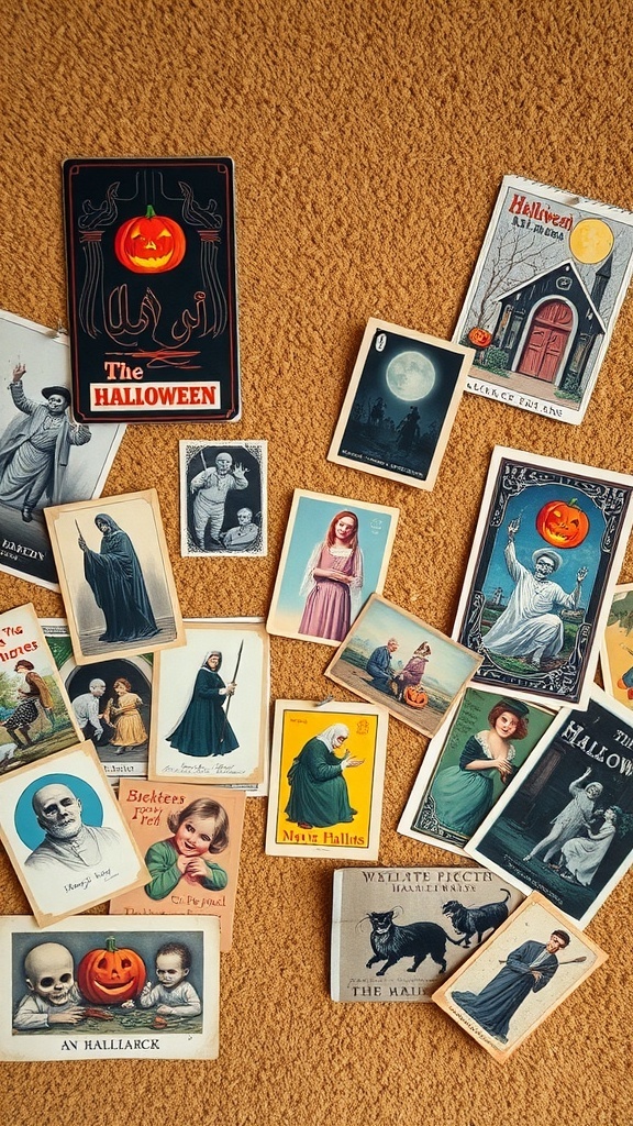 A collection of vintage Halloween postcards and prints featuring pumpkins, ghosts, and spooky scenes.