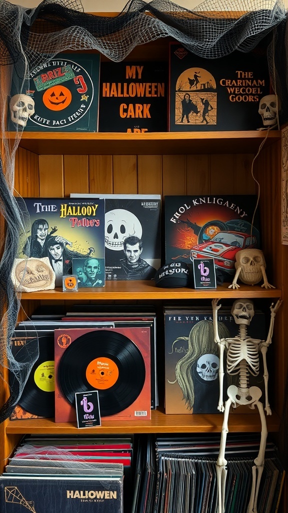 A spooky vinyl record collection featuring Halloween-themed album covers, skeleton decorations, and cobwebs.