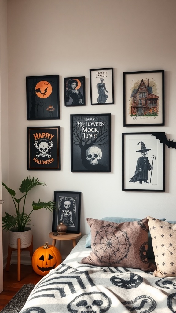 A cozy apartment wall decorated with Halloween-themed art, including bats, skulls, and witches, alongside a carved pumpkin.