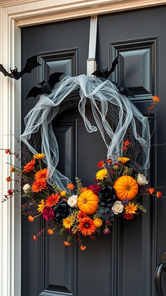 A Halloween wreath with pumpkins, flowers, and bats on a front door.