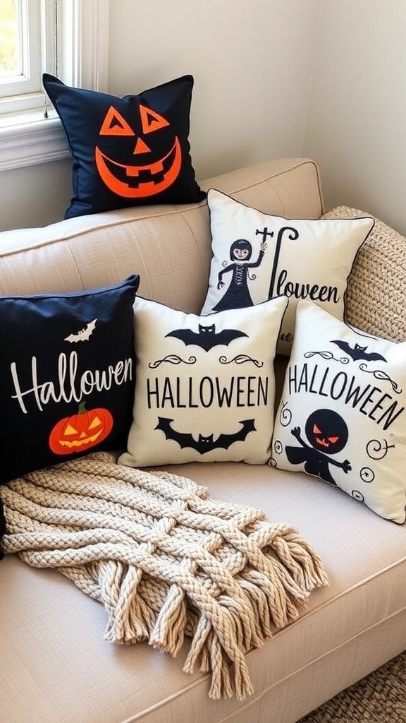 A cozy couch with Halloween-themed throw pillows and small pumpkins