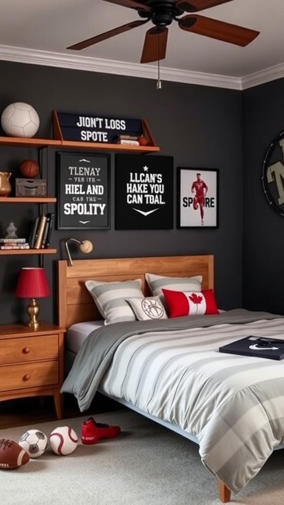 A sporty teen girl's bedroom with sports gear, jerseys, and motivational posters.
