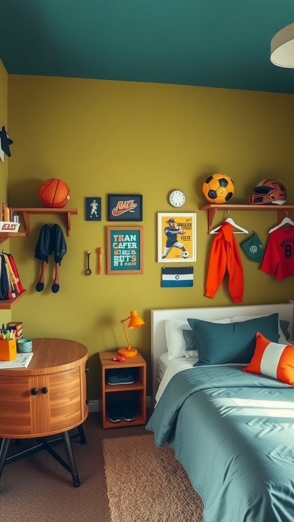 A sporty teen bedroom with green walls, sports memorabilia, and cozy bedding.