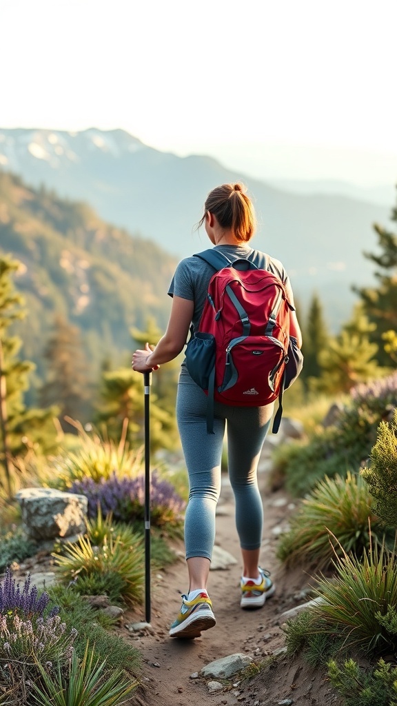 A woman hiking on a scenic trail, wearing sporty athleisure with a red backpack and a hiking pole.