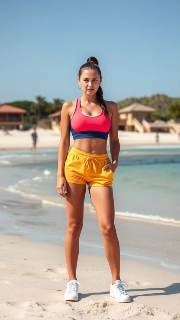 A woman in a sporty crop top and high-waisted shorts standing on the beach.