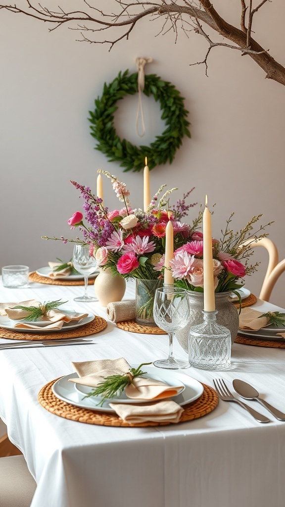 A beautifully set table for spring with flowers, candles, and natural decor.