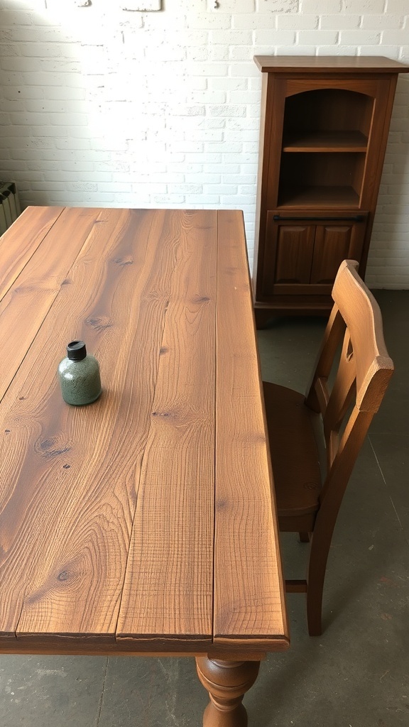 A rustic dining table with a weathered finish, featuring a simple design and a small decorative item.