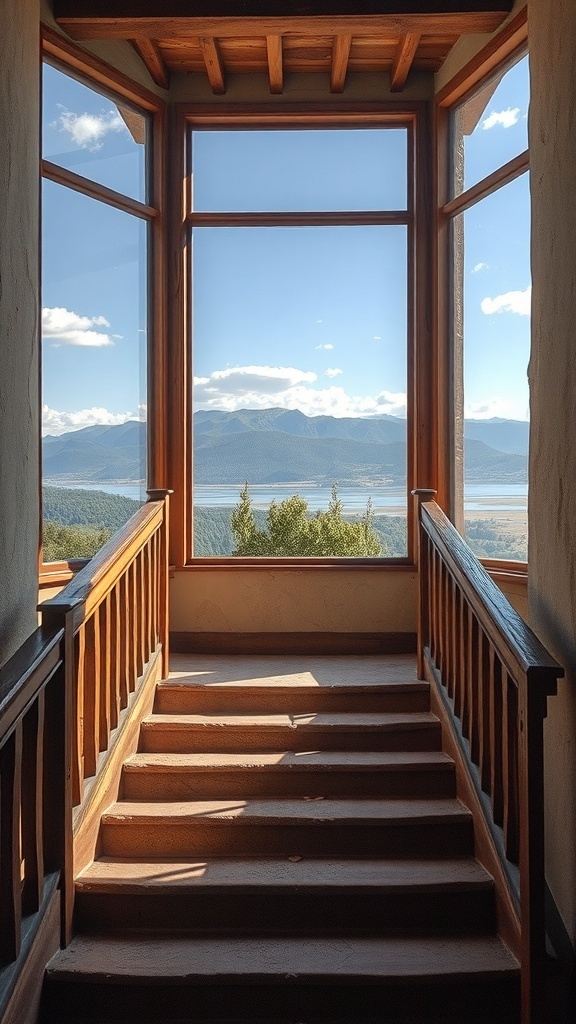 Rustic staircase leading to a scenic view of mountains and water.